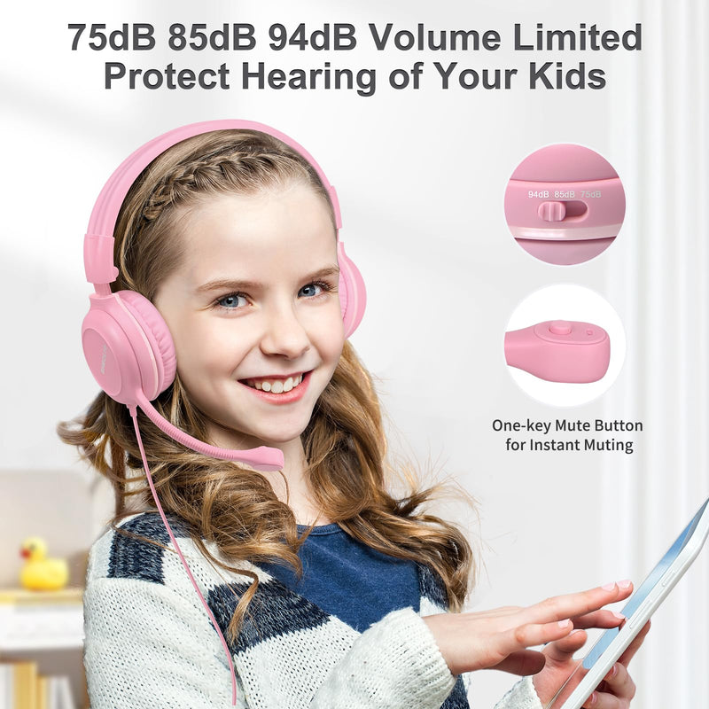 SIMOLIO Kids Headphones with Microphone for School, 75/85/94 dB Wired Headphones with Built-in MIC or Boom Mic for PC, Laptop, Gaming, Over Ear Pink Stereo Corded Headset for Girls, Children, Students