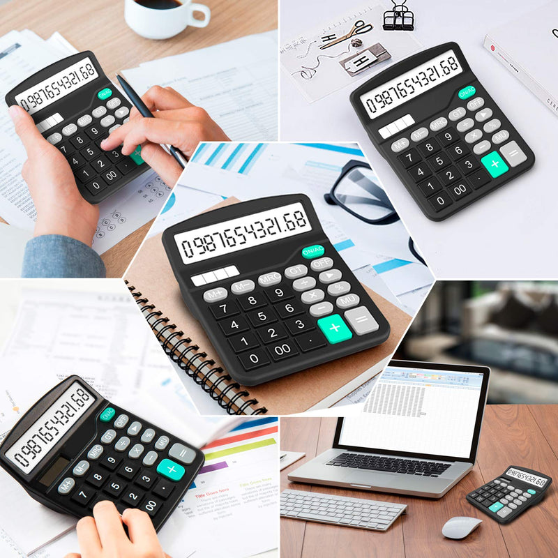 Calculator, Splaks 2 Pack Standard Functional Desktop Calculator Sola and AA Battery Dual Power Electronic Calculator with 12-Digit Large Display (1 Basic Black&1 Updated Silver) 1 Black&1 Silver