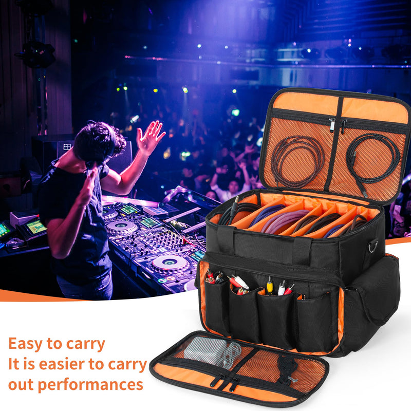 DJ Cable File Bag with 6 Detachable Dividers Gig Cable Bag for Cords,DJ Gear,Sound Instrument and Accessories 12"x8"x8" Black Orange 12Lx 8Wx 8H inch