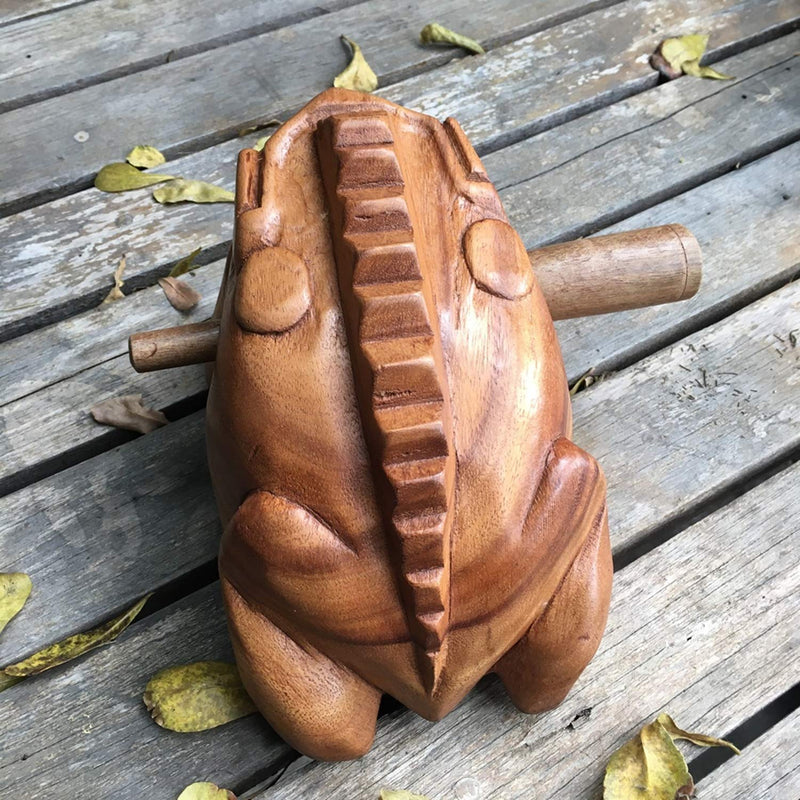 Large 7" Wood Frog Guiro Rasp Percussion Instrument Tone Block Frog Animal Shaped Figurine Wooden Handcraft Musical Lucky Frog Home Office Decoration (Tan) Tan