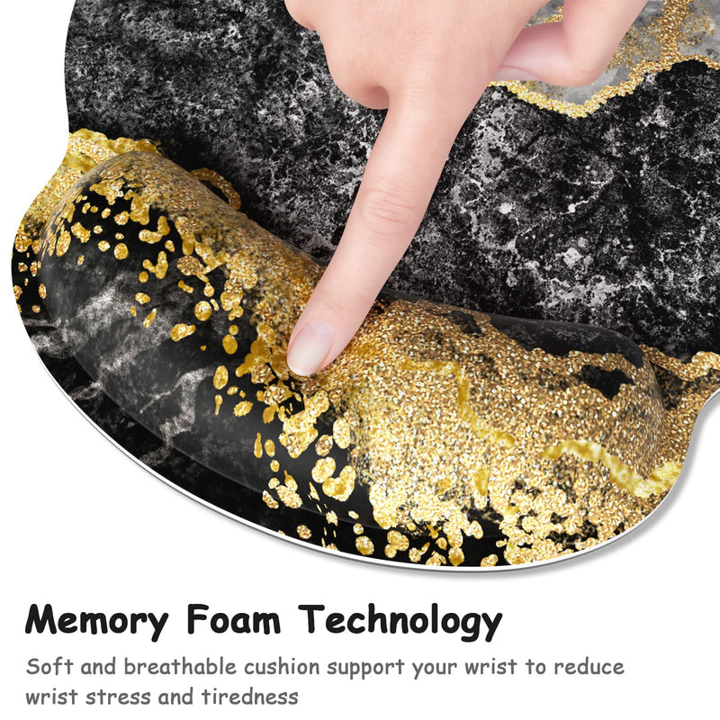Atufsuat Ergonomic Mouse Pad with Wrist Support, Marble Memory Foam Rest Pads, Cute Computer Laptop Office Accessories Decor, Pain Relief Mousepad for Gaming Work Men Women, Black Gold Marble