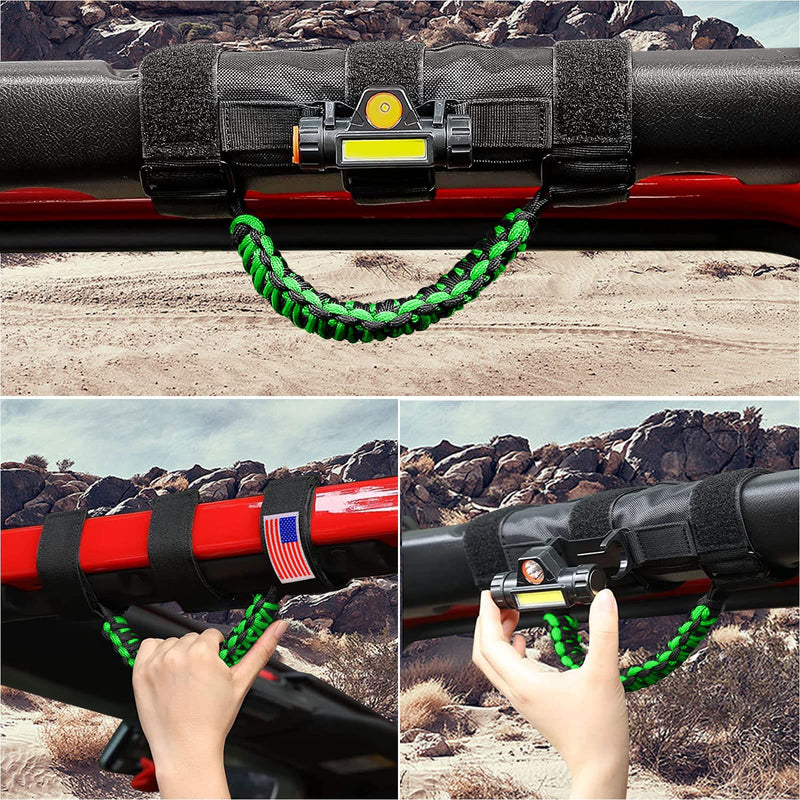 GAIZON 2 Pack Grab Handles Roll Bar Paracord for Jeep Wrangler Accessories Sahara Freedom Rubicon CJ YJ TJ JL JK LJ JLU JKU,Gladiator JT 1955-2023 Interior Accessory,Grip Handle with LED Light(Green) Green