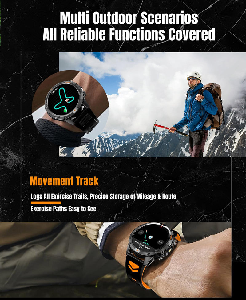Military Outdoor GPS Smartwatch for Men Sport Watch with GPS Tracking IP68 Waterproof 100+ Sports Modes Heart Rate Blood Pressure Monitor Sleep Tracker Bluetooth Calls Activity & Fitness Tracker Black