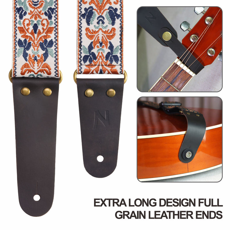 Nefelibata Guitar Strap, 2" Jacquard Embroidery Guitar Straps, Full Grain Leather Ends with Hidden Pocket, for Bass, Electric and Acoustic Guitars, Free Buckle, Strap Lock and Guitar Picks Golden Jacquard