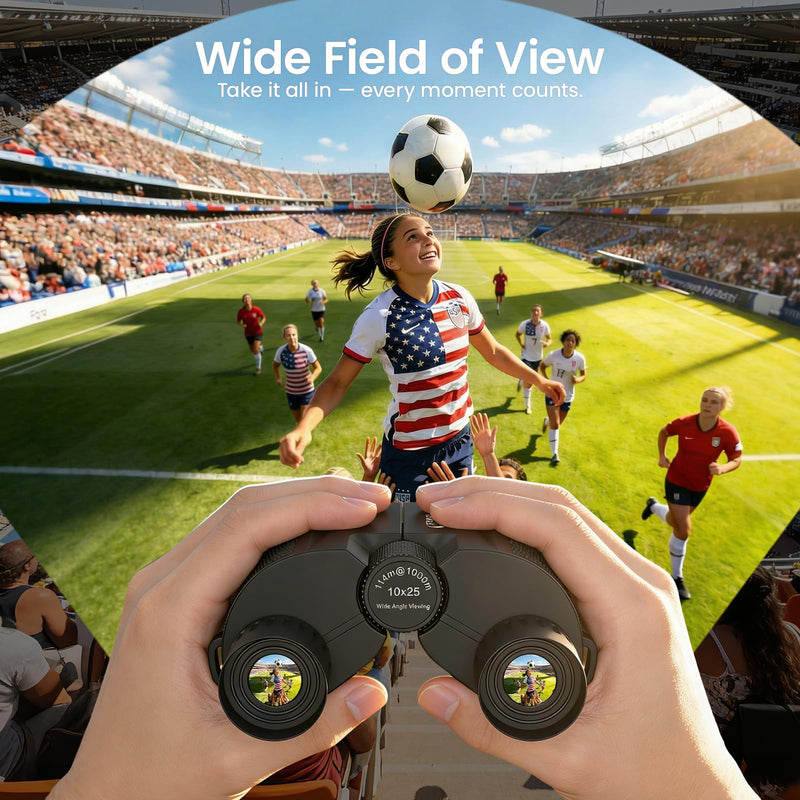 Aurosports Compact Binoculars for Adults and Kids - 10x25 Small Lightweight Binoculars for Bird Watching, Easy Focus for Theater, Cruise & Travel - Ideal Gift with Carrying Case & Strap 10x25-Black