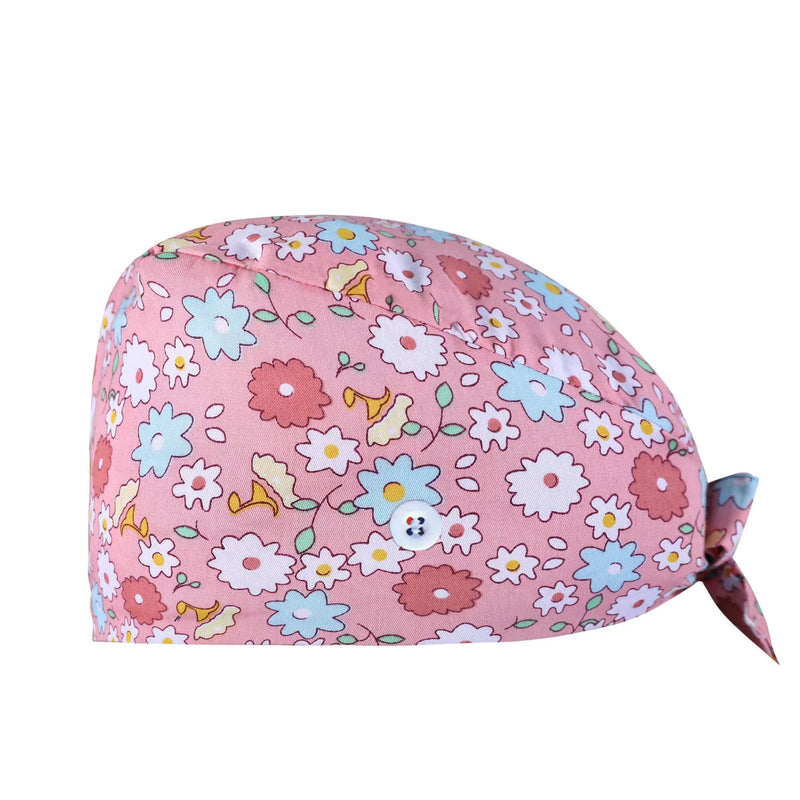 SIMYJOY Op Hood Fabric Women's Scrubbing Cap Printed Hat with Button Cotton Sweatband Adjustable Full Hair Cover One Size c