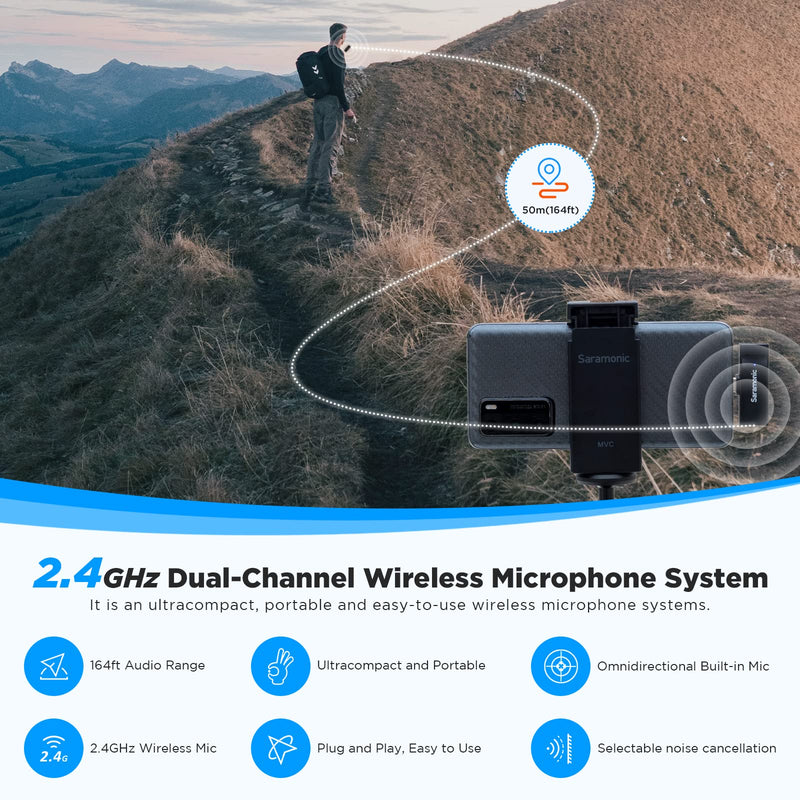 Saramonic Wireless Lavalier Microphone System For iPhone iPad 2.4Ghz Professional Clip On Lapel Condenser Plug-Play Mic For Vlog Interview Live Streaming Recording Video Youtube SR-Blink Go-U1 (TX+RX)