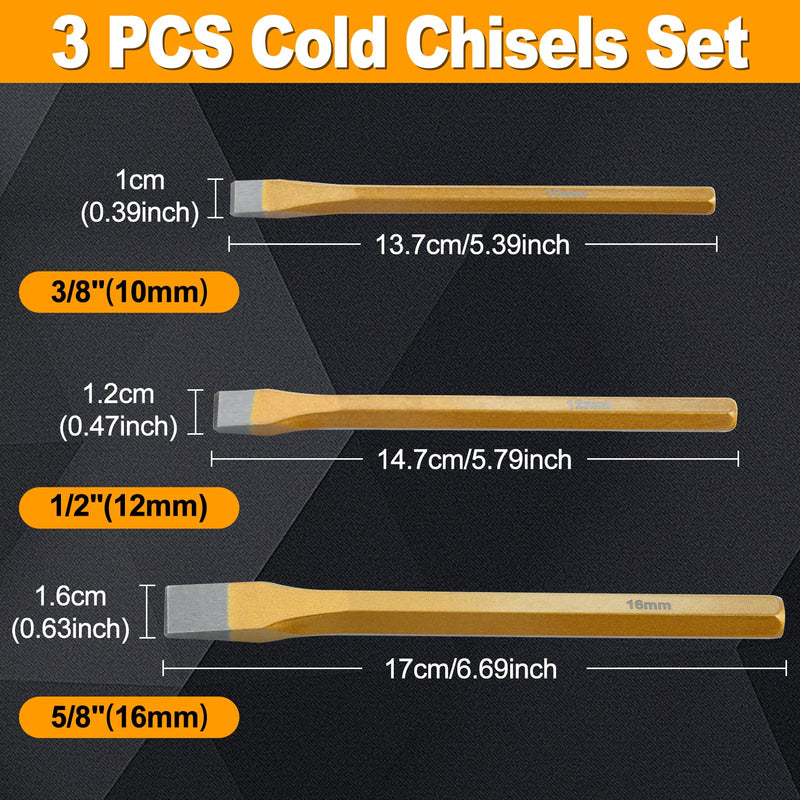 SPEEDWOX 3 Piece Heavy Duty Cold Chisel Set, 3/8", 1/2", 5/8", Metal, Burel Set, Cold Steel Rock, Burel Comes In A Roll-up Storage Bag For Cutting Rivets And