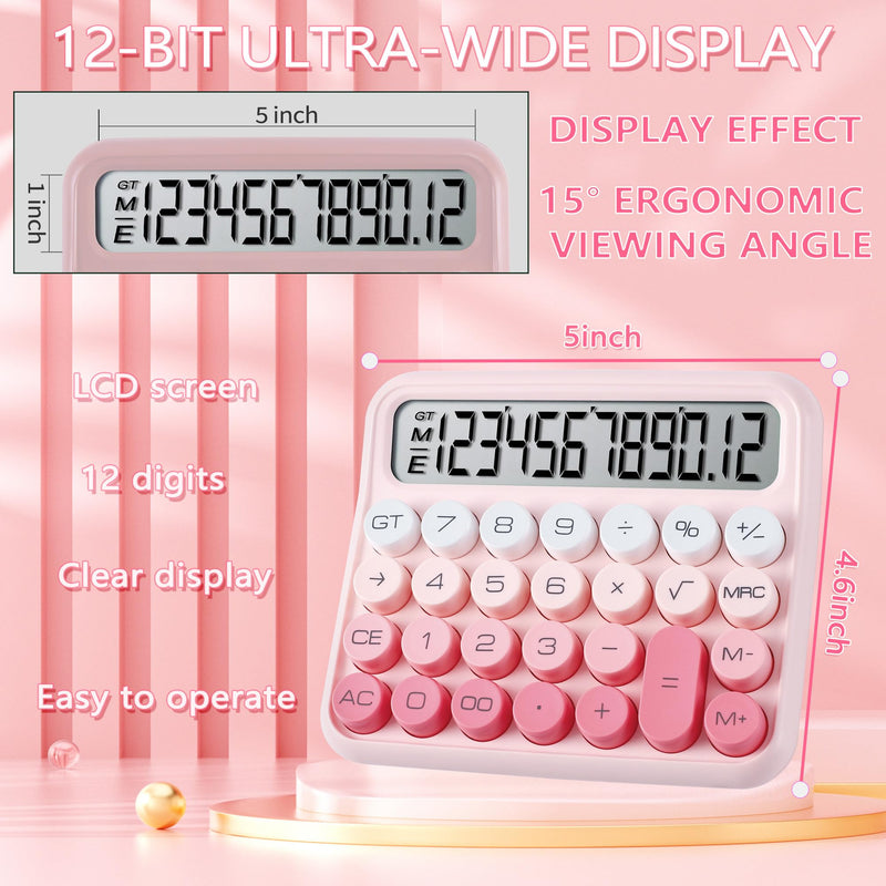 Mechanical Switch Calculator,Calculator Cute 12 Digit Large LCD Display and Buttons,Calculator with Large LCD Display Great for Everyday Life and Basic Office Work.with Battery Pink