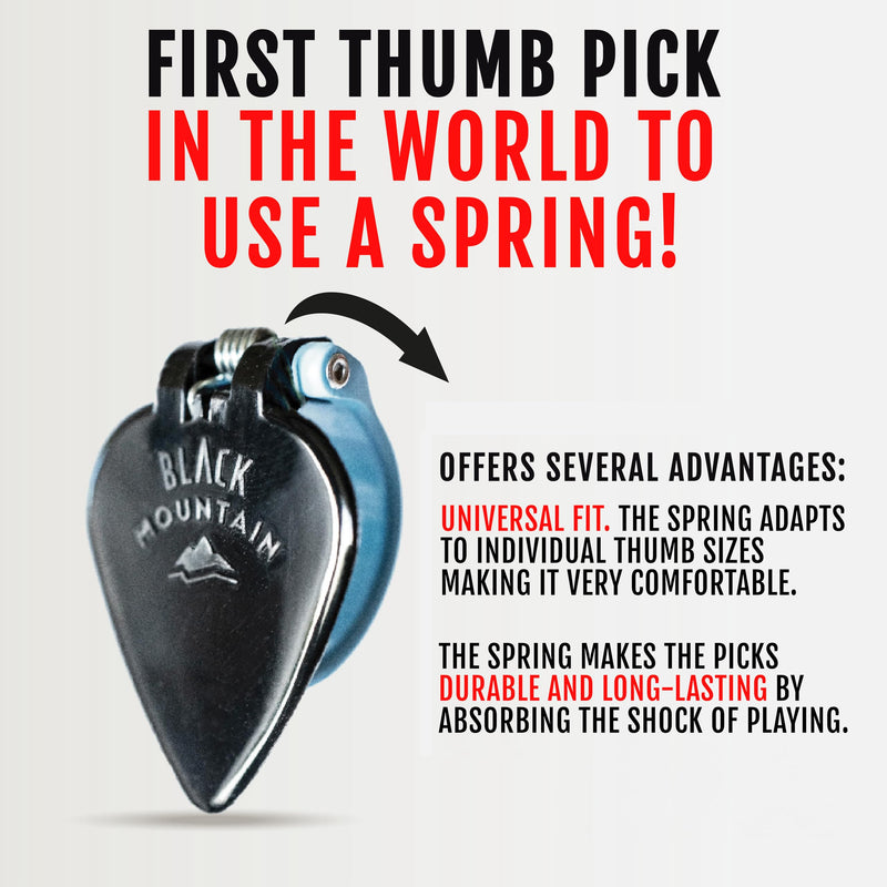 Black Mountain Heavy Gauge Thumb Picks for Acoustic Guitar, Electric Guitar, Ukulele, Banjo, and More - Spring Loaded Universal Fit for Medium to XL Thumbs - Premium Finger Picks 3 Pack Right Handed