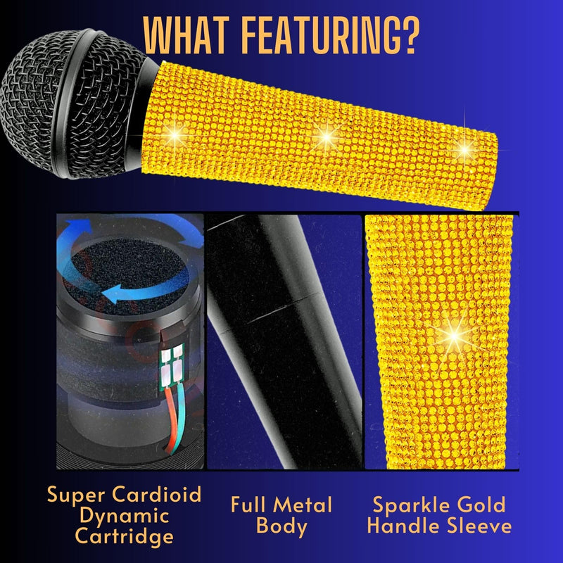 Wired Microphone Karaoke for Singing, Sparkly Gold Vocal Dynamic Mic with Cable