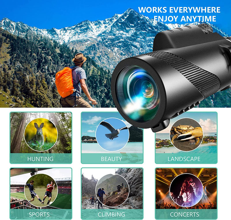 80x100 Monocular-Telescope High Powered for Smartphone Monoculars for Adults High Definition Monocular Telescope for Stargazing Hunting Wildlife Bird Watching Travel Camping Hiking black
