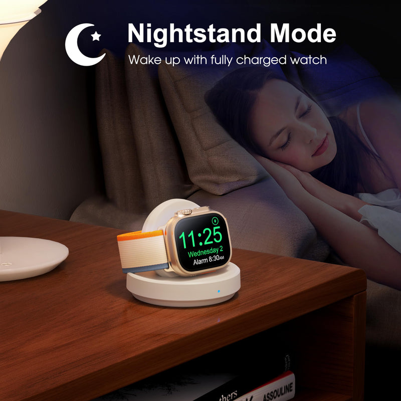 Portable Magnetic Charging Dock for Apple Watch, Wireless Fast Watch Charger Stand with Charging Cable, Support Nightstand Mode, Compatible with Apple Watch Series 9 8 7 SE 6 5 4 3 2-White White