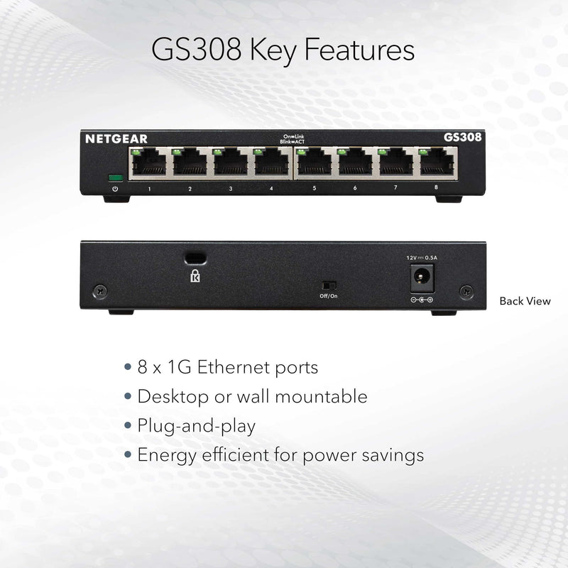 NETGEAR 8-Port Gigabit Ethernet Unmanaged Network Switch (GS308) | Essentials Model, Home Network Hub, Office Ethernet Splitter, Plug-and-Play, Silent Operation, Desktop or Wall Mount 8 Port