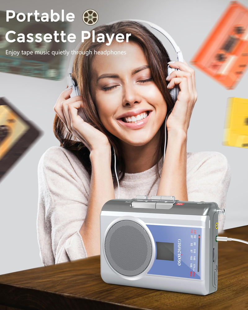 [AUSTRALIA] - Gracioso Protable Cassette Recorder Player: AM FM Compact Cassette Tape Player with Big Speaker & Earphone Jack, Build in Microphone,Cassette Player Powered by DC or AA Battery Sliver 