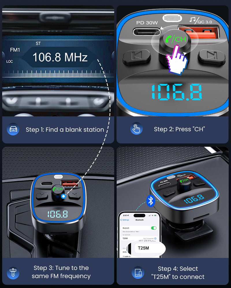 [AUSTRALIA] - LENCENT Bluetooth 5.4 FM Transmitter Car Adapter 48W [PD 30W & 18W] [7 Color Light] [Fast Charging] Wireless Radio Music Adapter Hands-Free Calling, Support USB Drive & TF Card Colorful-48W 