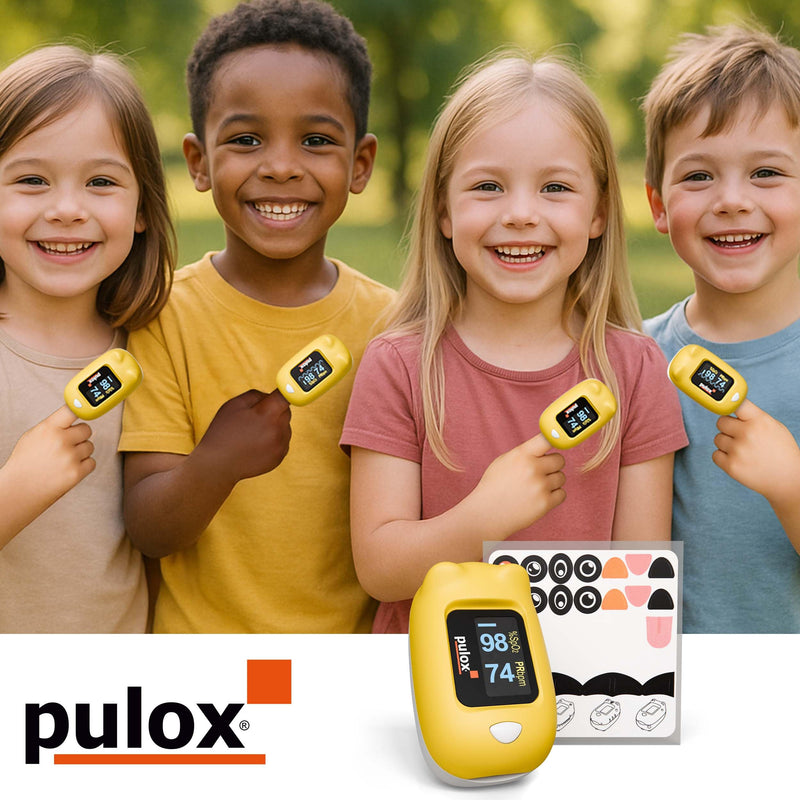 Pulox PO-230 Finger Pulse Oximeter for Children in Yellow, Measurement of SpO2 and Pulse in Seconds - with Stickers to Stick Yourself