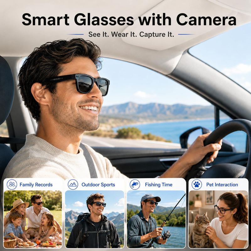 AI Smart Glasses with Camera, 13MP HD Capture, 4K EIS Video, Photochromic | Object Recognition, Real-Time Translation, AI Assistant, Dual Open-Ear Speakers, Bluetooth, IP66 Water Resistance, Sunglasses Black Glasses Pouch Included