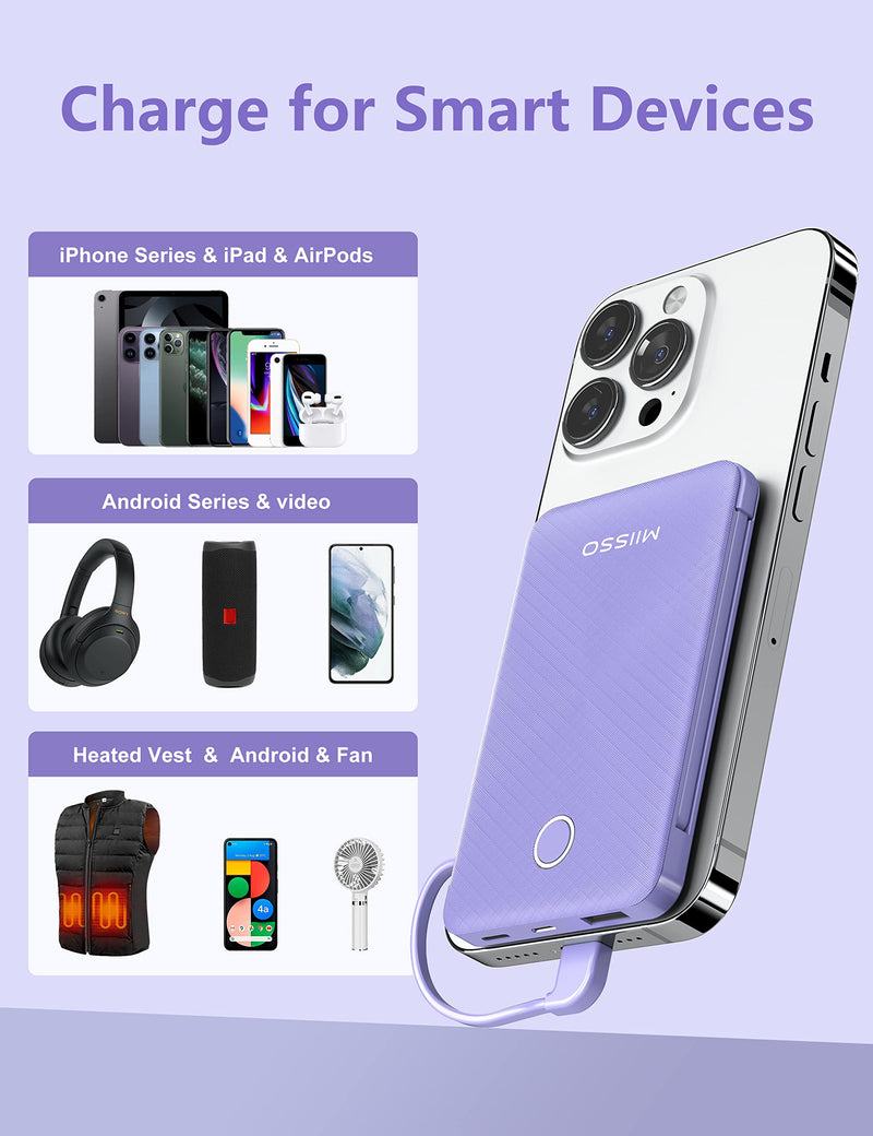 miisso 6000mah Ultra Slim Built in Cables Power Bank, Card Size Built in USB C Cords Battery Pack Portable Charger for Phones, 3 Output External Battery Pack Compatible with iPhone, Samsung, Purple 6000mah Purple