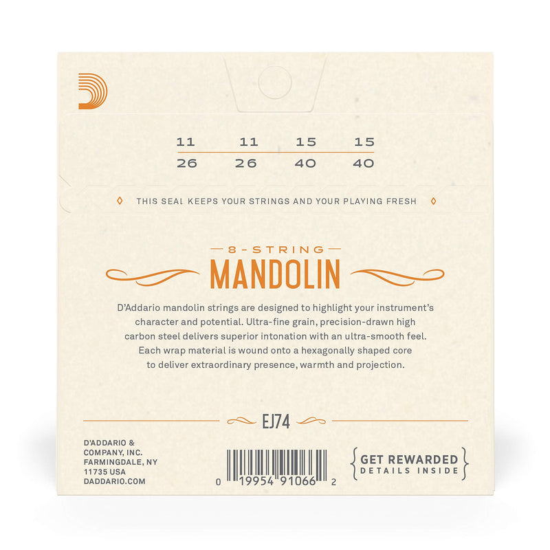 D'Addario Mandolin Strings - Mandolin Strings - Phosphor Bronze - For 8 String Mandolin - Rich, Full Tonal Spectrum - EJ74 - Medium, 11-40 1-Pack