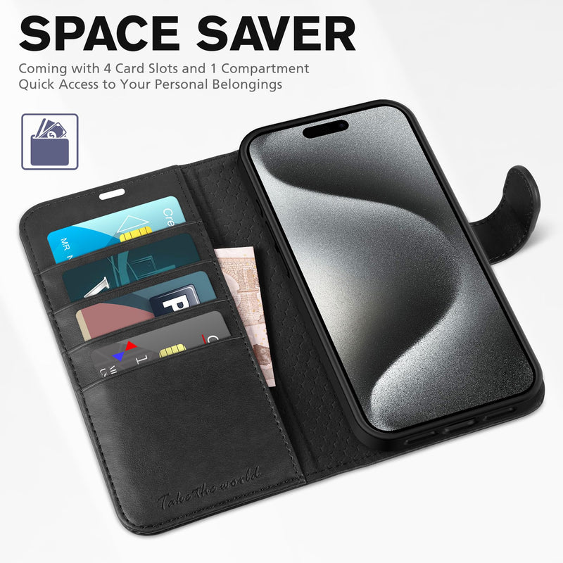 TUCCH Case Wallet for iPhone 15 Pro Max, RFID Blocking 4 Card Holder Kickstand Shockproof TPU Inner Case, PU Leather Magnetic Flip Folio Cover, Black