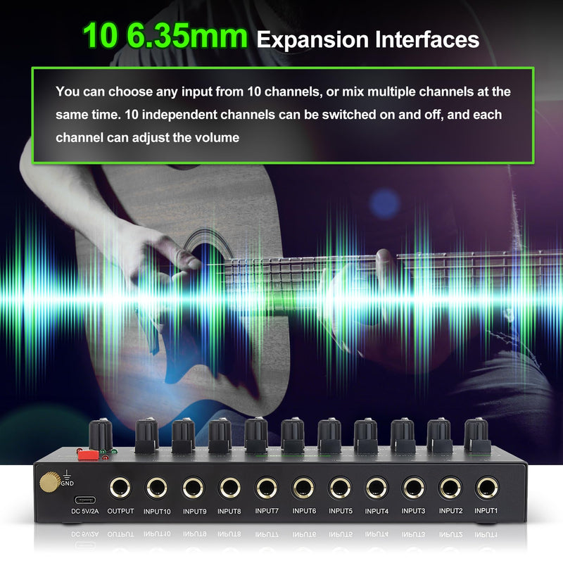 10 Channel Mixer, Compact Mini Mono/Stereo Audio Mixer Line Mixer for Sub-Mixing, Ultra-low Noise 6.35mm 1/4" TRS Input/Output, 5V/2A Sound Mixer for Mics/Keyboards Mixer/Guitars/Bass/Stage
