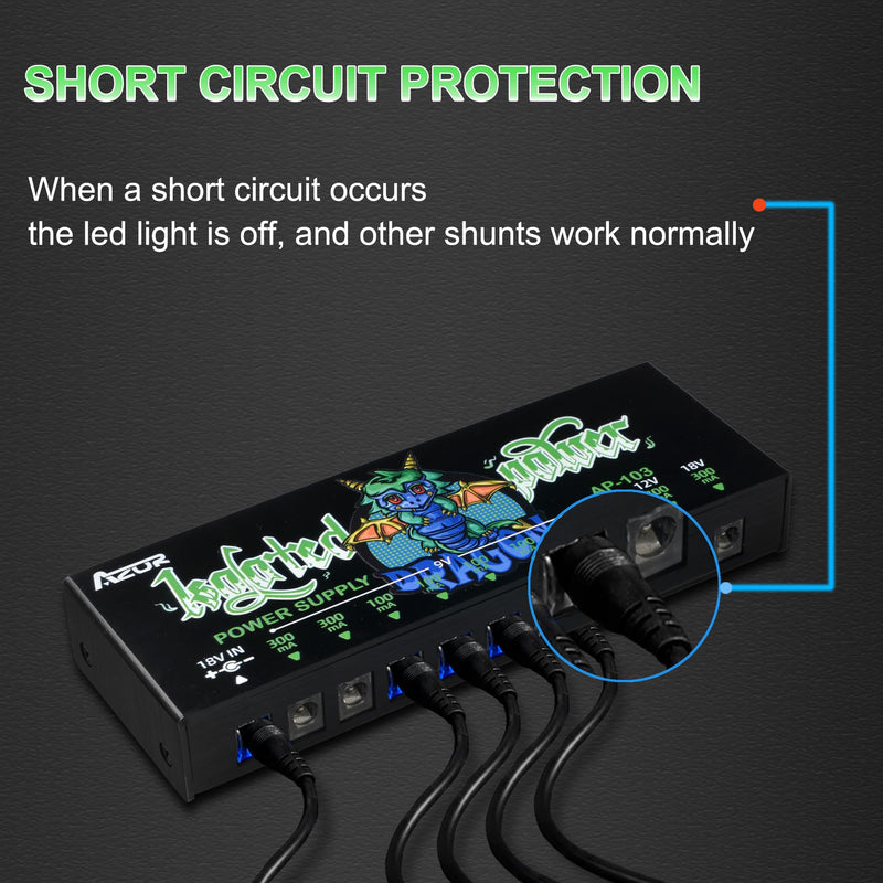 AZOR AP-103 Guitar Pedal Power Supply, True Isolated Pedalboard Power Supply with 10 Totally Isolated DC 9V/12V/18V Outputs(100mA/300mA/500mA), Noiselessly - Reliable Guitar Pedal Board Power Supply