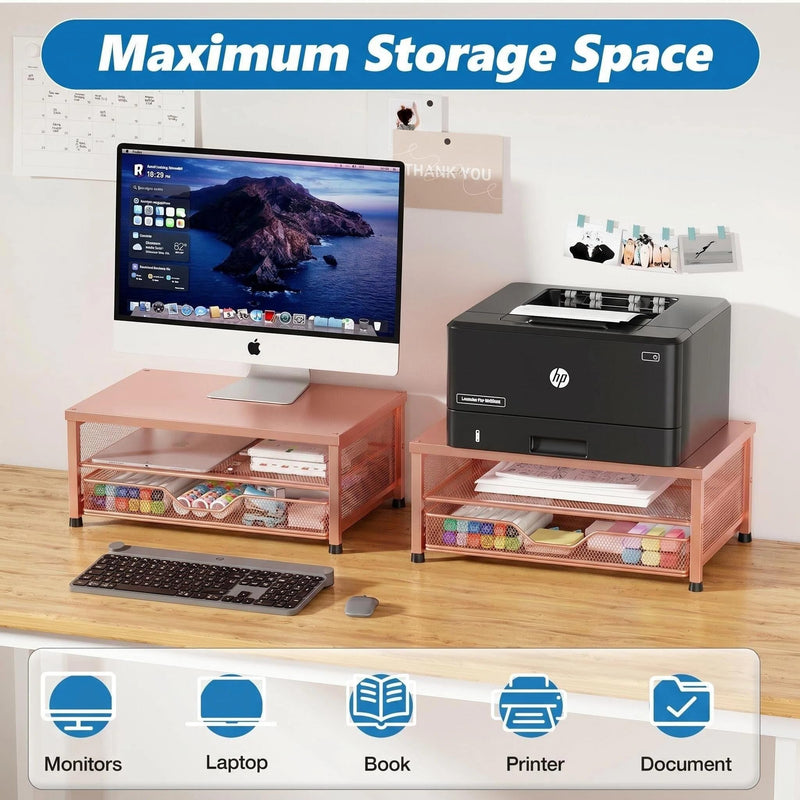 OPNICE Computer Monitor Stand Riser, Desk Organizer with Drawer, Printer & Laptop Stand, Office Desk Accessories & Workspace Desktop Organizers Storage for Office Supplies(Rose Gold) Rose Gold