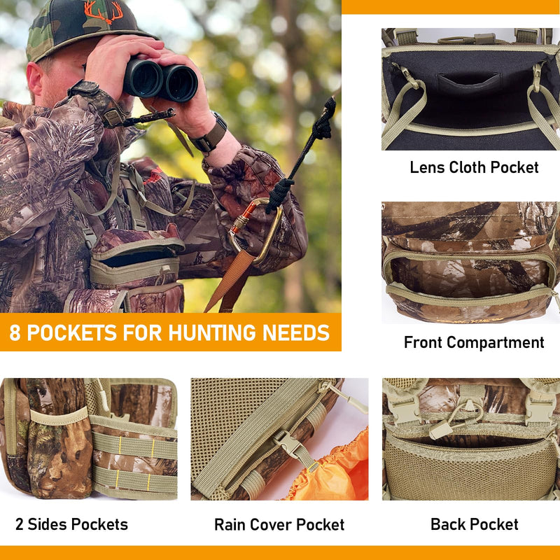 NEW VIEW Silent Binocular Harness Chest Pack, Hunting Bino Case with Dual MOLLE Straps, Binocular Harness with Detachable Chest Strap Rangefinder Pouch Rain Cover for Saddle Hunting Bird Watching Removable