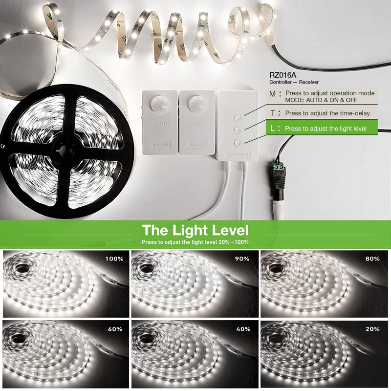 RAYZEEK Wireless Motion Activated LED Strip Lights,19.7FT LED Strip Lights with Power Adapter,RF Wireless Motion Sensor Control Dimmer,Timing,Cool White (1×Controller+2×Motion Sensor) Cool White
