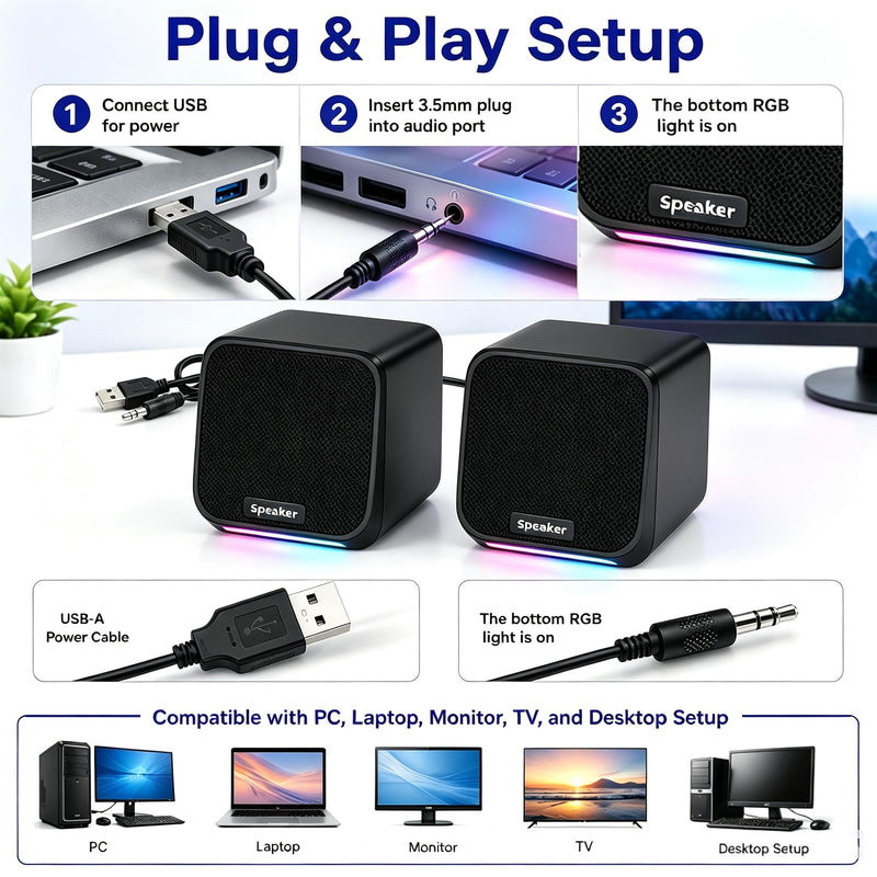 Computer Speakers USB-A Powered Wired Stereo Desktop Speakers with 3.5mm Aux Plug No Bluetooth for PC Laptop 2026, Brown