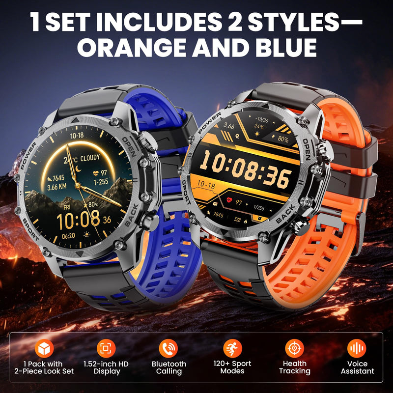 Hwagol Smart Watches for Men (Call/Notification),1.52''HD Military Smart Watch with Heart Rate/Sleep Monitor/Pedometer for Android and iOS,DIY Design Fitness Tracker,1 Pack with 2-Piece Look Set orange-blue