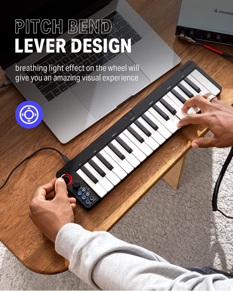 USB MIDI Keyboard Controller MINI 32-Key, Donner N-32 with Screen, Sequencer, Chord, Bend Sound Effects By Light-up Joystick for Mac/PC, Music Production Software, 40 Teaching Courses N32