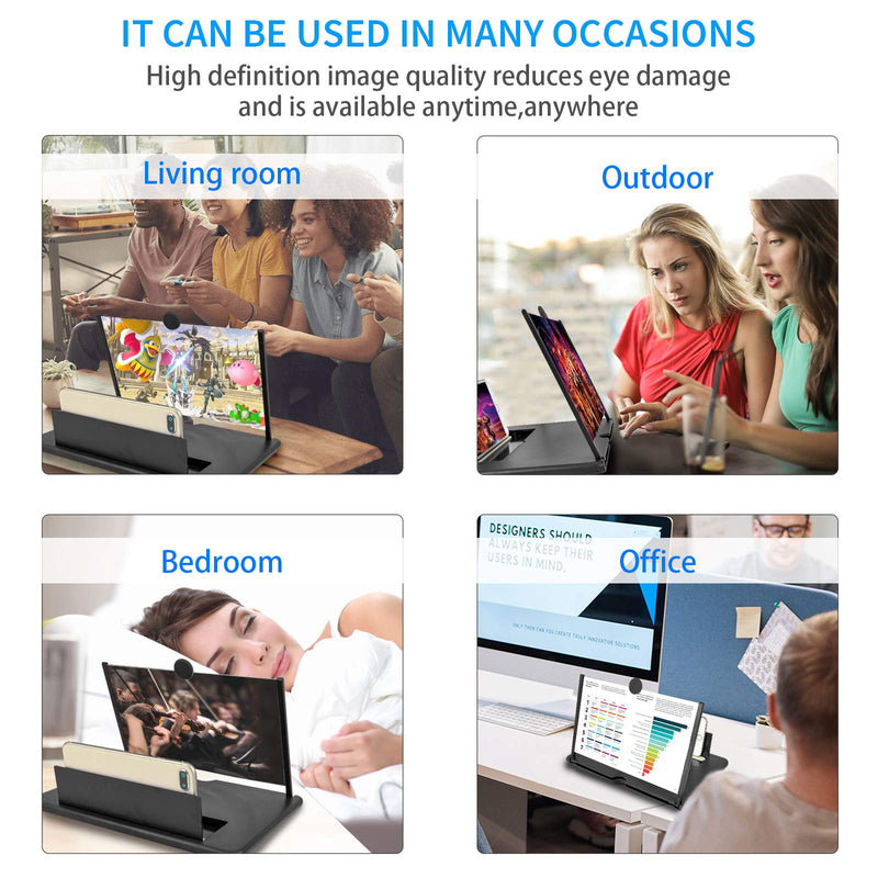 12 Inch Phone Screen Magnifier, 3D HD Mobile Phone Projector Amplifier Pulling-Out Movie Video Enlarger Anti-Radiation Eye Protection with Foldable Stand Holder for All Smartphones-Black Black