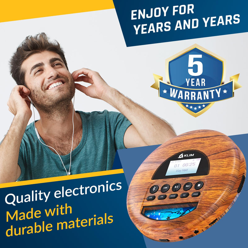 KLIM Nomad Wood - New 2024 - Portable CD Player Walkman - Long-Lasting Battery - Includes Headphones - Radio FM - Compatible MP3 CD Player Portable - TF Card Radio FM Bluetooth - Ideal for Cars