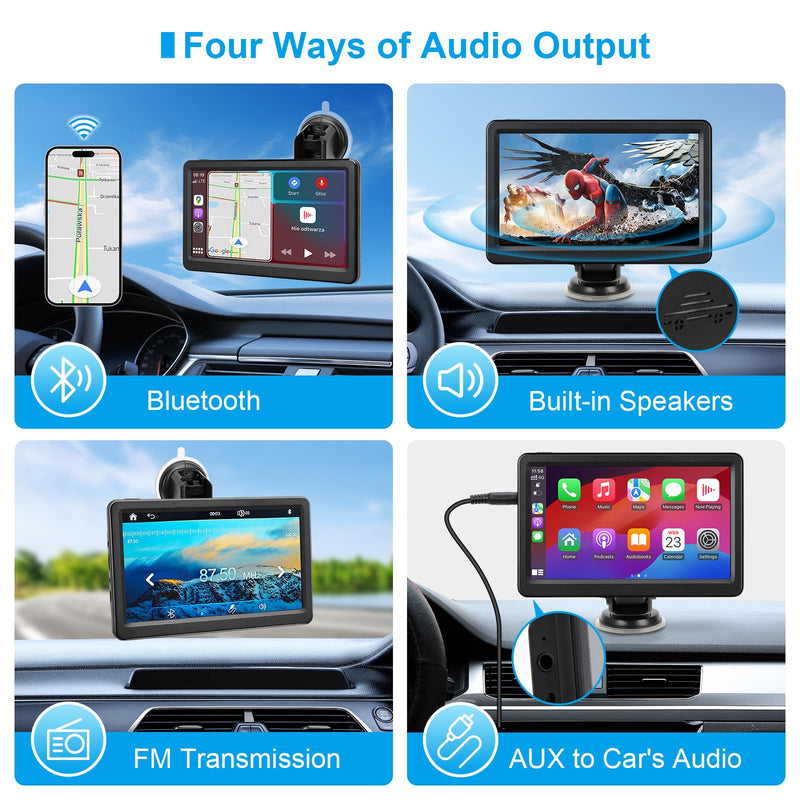Wireless Carplay Screen for Car, 7" HD Touch Screen Portable Car Stereo for Carplay & Android Auto, Pantalla para Carros with Bluetooth, AUX, FM Transmitter, Voice Control