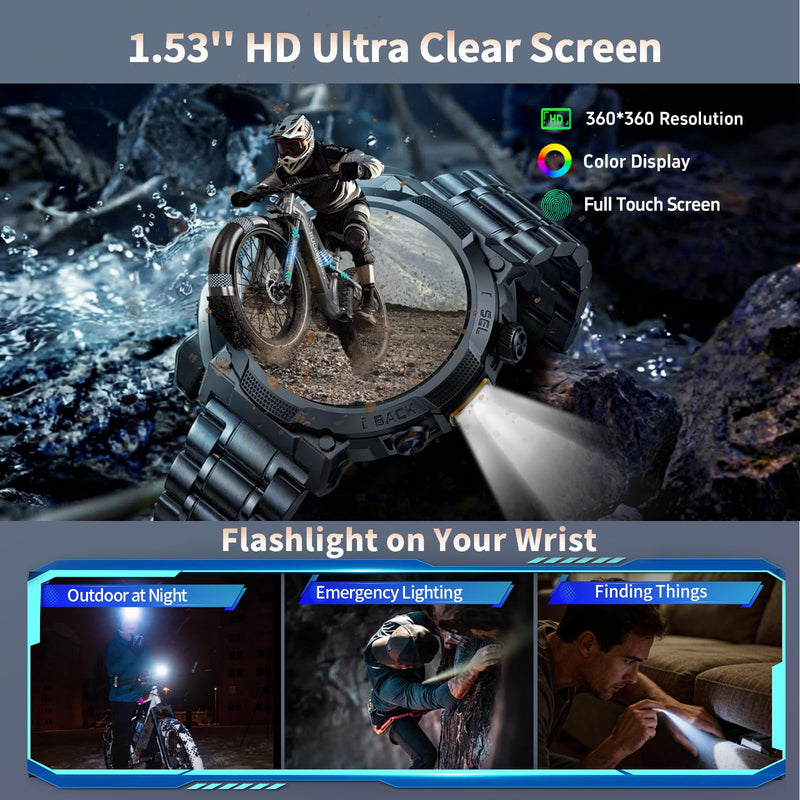 Smart Watches for Men (Answer/Make Call), 1.53" HD Military Smartwatch, 50+ Days Extra-Long Battery Life Fitness Tracker, Flashlight/110+Sports/Heart Rate/Sleep Monitor/IP68 Waterproof Android iOS
