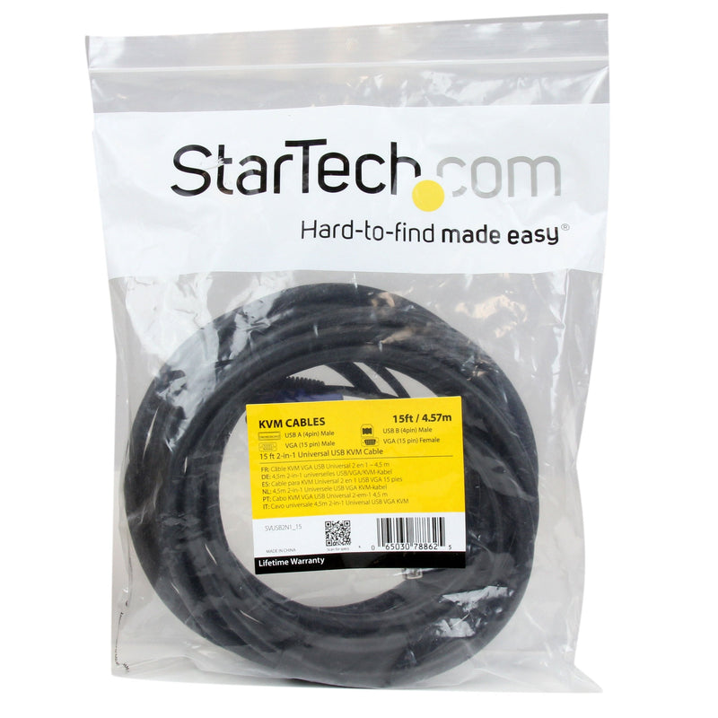 StarTech.com 2-in-1 Universal USB KVM Cable - Video / USB cable - HD-15 (VGA), USB Type B (M) to USB, HD-15 (VGA) - 15 ft - SVUSB2N1_15, Black | Combines VGA video and USB data into one cable, HD-15 and USB-B to USB and HD-15, Reduces clutter