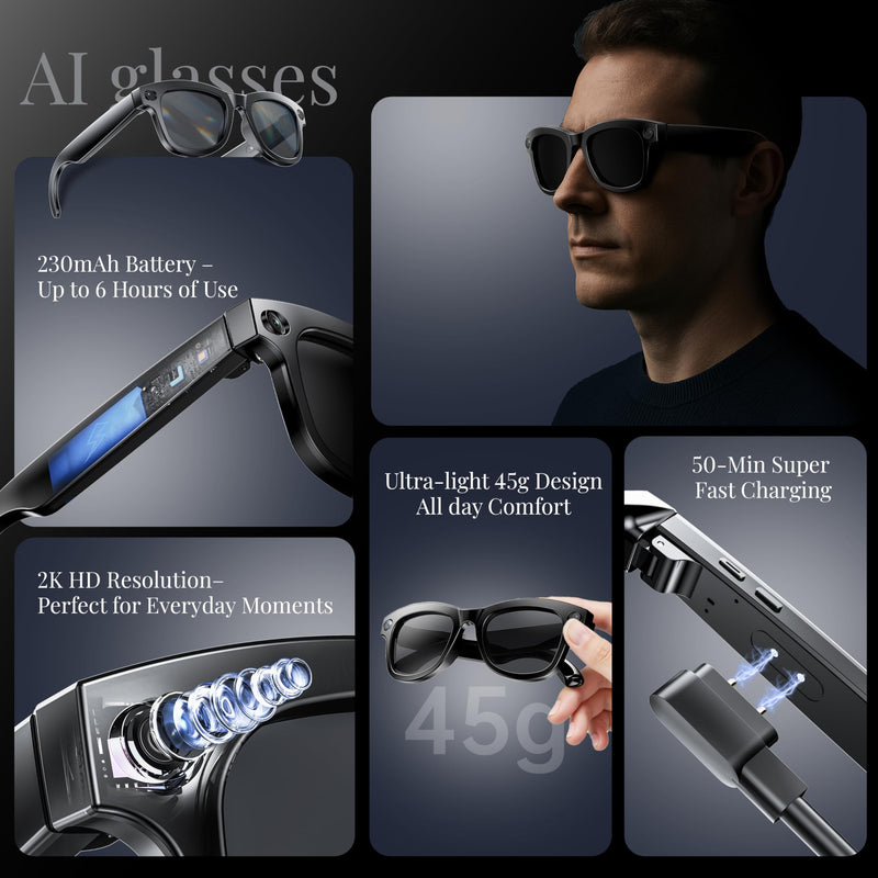 AI Smart with HD Camera Glasses for Videos, Hands-Free Vlog Recording,Open-Ear Audio, Ultra-Light Design for Outdoor&Driving,Pet & Kid Moments, Powered by ChatGPT, Midnight Dark