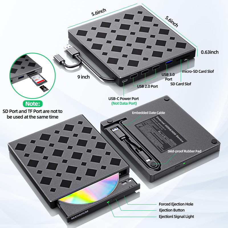 [AUSTRALIA] - 8-in-1 External DVD Drive USB 3.0 Type-C CD Burner with SD/TF Card Reader & USB Hub, Plug & Play Portable CD/DVD +/-RW Drive for Laptop Desktop PC, Compatible with Windows Mac OS, Linux 8 IN 1 Diamond Shape 