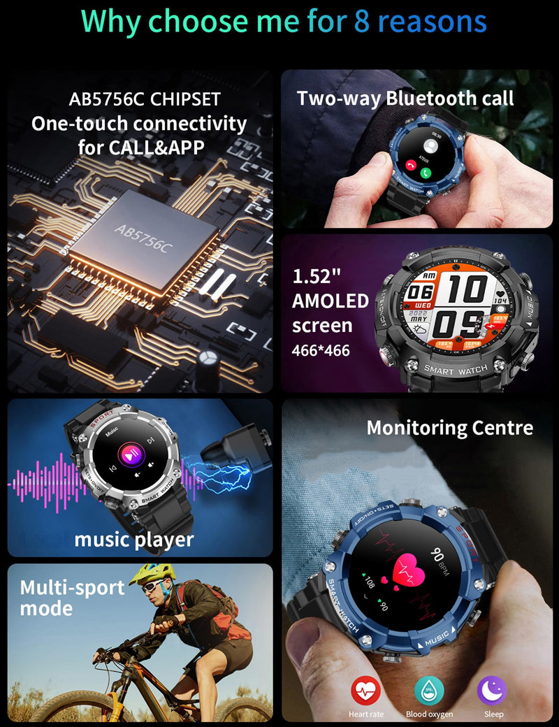 Smart Watch with Earbuds for Men, Smart Watches for Android Phones, Bluetooth Calling can Answer and Make Calls, Military Resistant Fitness, Sports Fitness Tracker with Step,Heart Rate black