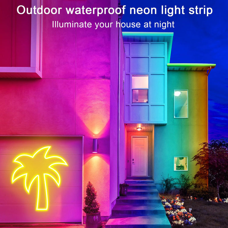 16.4ft 24V RGB LED neon Rope Lights with Remote APP Control IP65 Waterproof Flexible Neon LED Strip Lights LED neon Rope Lights for Bedroom Room Outdoors Decor 16.4FT