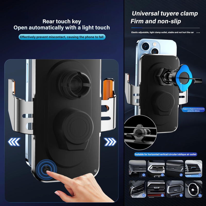 Wireless Car Phone Mount, 15W Fast Charging Car Phone Holder Charger Auto-Clamping 360 Dgrees Rotation Adjustable Air Vent Phone Mount Car Charger with luminous Logo for iPhone 16 15 14 13 S24 S23 S22 Black
