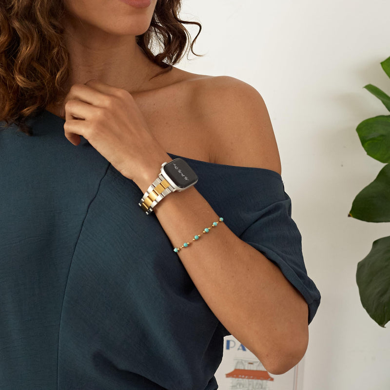 My Pretty Strap Silver Apple Watch Band & Glossy XOXO Protective Case Bundle – Elegant Stainless Steel Strap & Luxury Metal Cover for Apple Watch Series 1-11, SE & Ultra (41MM) Queen Vogue