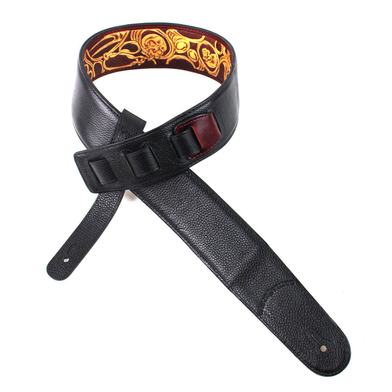 Walker And Williams LHR-45 Handmade Blood Red Premium Carving Leather Guitar Strap With Bright Gold Barbed Skull Carving And Padded Leather Back For Acoustic, Electric, And Bass Guitars