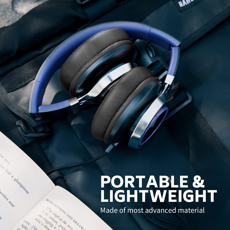 AC01 Over-Ear Headphones Wired, Passive Noise Isolating Corded Stereo Headsets with Mic Volume Control for Adults Teens 3.5mm for Chromebooks, Laptop, Computer, Tablets, Travel (Black Blue) Black Blue
