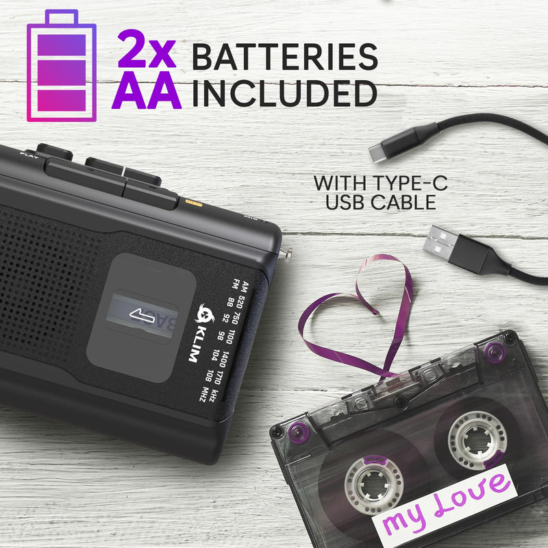 KLIM K8 Cassette Tape Player Portable + Cassette Recorder + NEW + AM/FM Walkman Cassette Player + Built-in Microphone & Speaker + Headphone Jack & Earphones Black