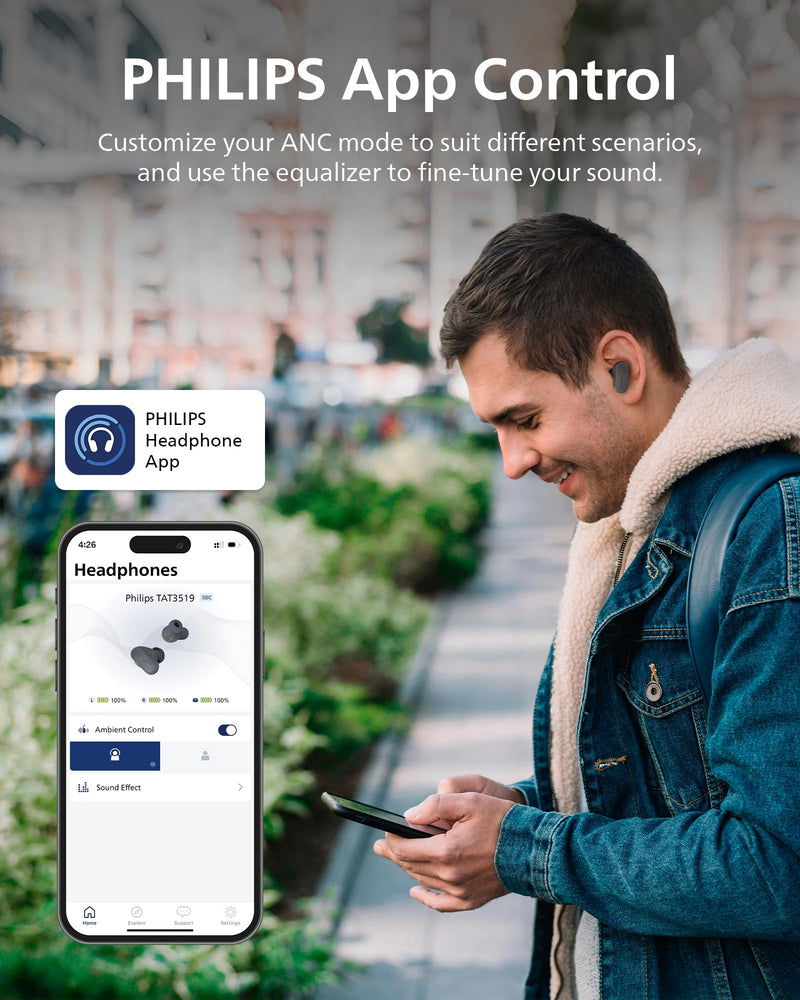 Philips TAT3519 Wireless Earbuds,True Wireless Headphones with Noise Canceling Pro,Dynamic Bass,Clear Call,24 H Battery Life,Fast Charging,Bluetooth 5.3,IPX4,App/Touch Control,Black With tips T3519|Durable playtime