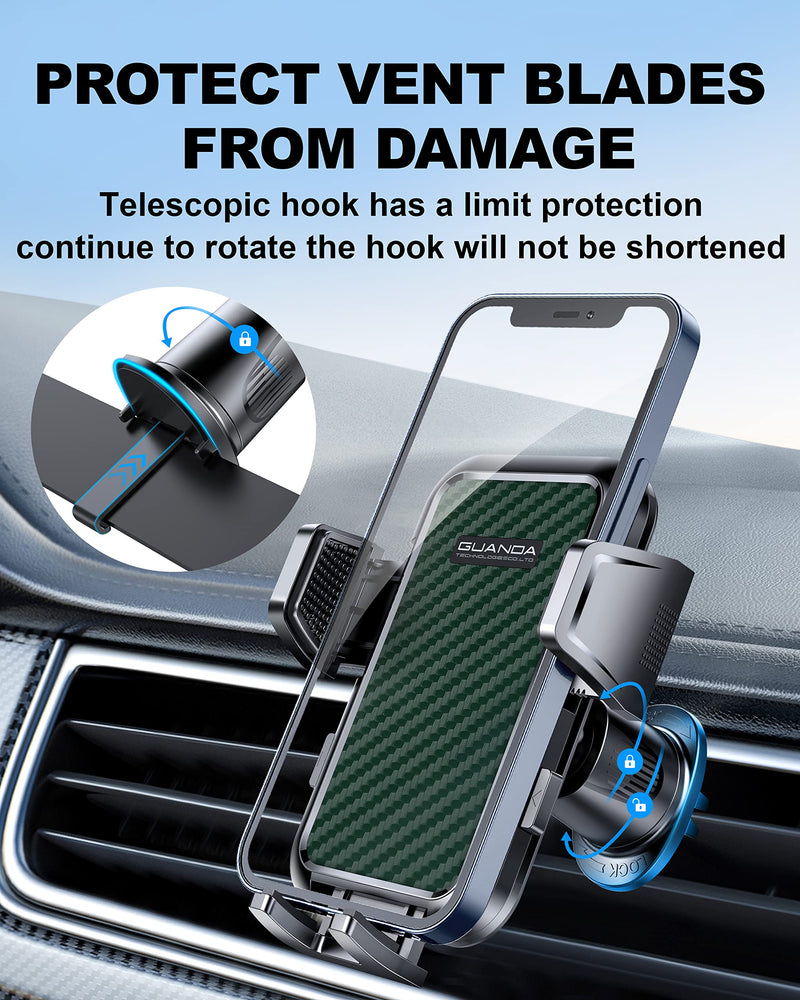 Air Vent Car Phone Holder, Stable Metal Hook, Wide Clamp, Anti-Vibration | Rotatable smartphone mount with one-press release and heat-resistant grip; fits large iPhone and Android phones with cases. AC-Cyan