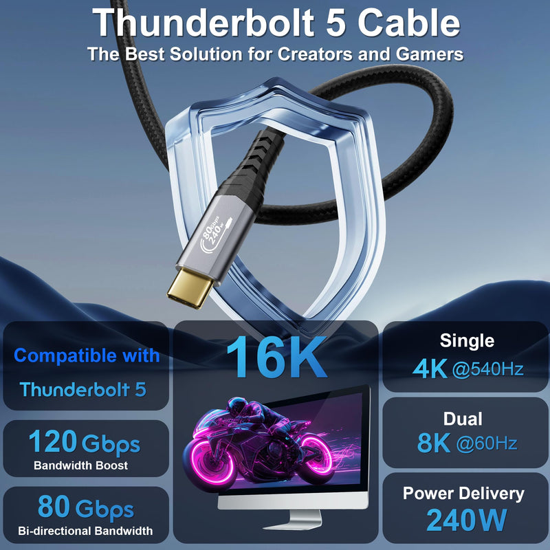 80Gbps USB c Data Transfer Cable 10FT for Thunderbolt 5 Cable,USB4 Gen4 for Thunderbolt 4,16K@60Hz/Dual 8K@60Hz, 240W, for MacBook Pro,Hub,Dock,eGPU,Laptops,Display USB c Monitor 10FT/3m